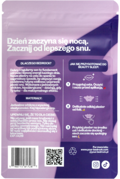 Tył fioletowego opakowania plastrów Better in Bed na usta do spania z białymi napisami i kodem QR.