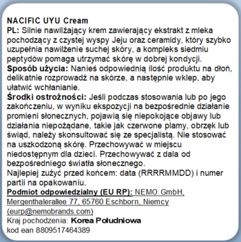 Tył opakowania NACIFIC UYU Cream, głęboko nawilżającego kremu z mlekiem Jeju, z pełnym polskim tekstem etykiety.