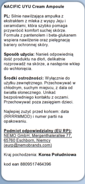 Tył opakowania NACIFIC UYU Cream Ampoule z polskim opisem nawilżającej formuły, sposobu użycia i danych.