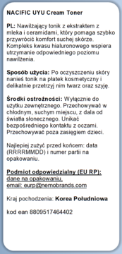 Etykieta NACIFIC UYU Cream Toner z polskim opisem: nawilżający tonik z mlekiem i ceramidami, widok z przodu.