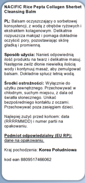 Tył opakowania NACIFIC Rice Pepta Collagen Sherbet Cleansing Balm, biała etykieta z polskim opisem, użyciem i ostrzeżeniami.