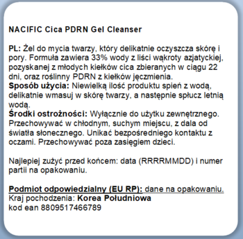 Biała etykieta NACIFIC Cica PDRN Gel Cleanser z czarnym tekstem, polski opis, instrukcje i dane producenta.