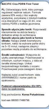 Tył NACIFIC Cica PDRN First Toner z polską etykietą, opisem produktu, sposobem użycia, środkami ostrożności i kodem EAN.