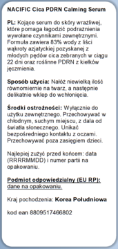 Etykieta NACIFIC Cica PDRN Calming Serum na białym tle, pełny tekst PL opisujący skład i użycie.