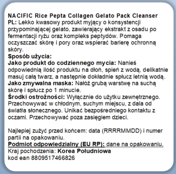 Biała etykieta NACIFIC Rice Pepta Collagen Gelato Pack Cleanser z polskim opisem produktu i instrukcjami użycia.