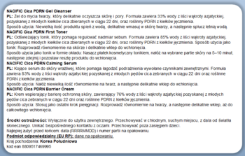 Dokumentacja produktu NACIFIC CICA PDRN Skin Care Set w języku polskim, tekst w białym polu z niebieską ramką.