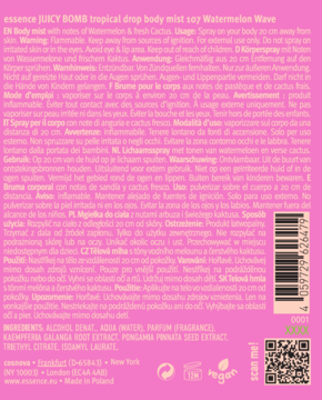 Tył opakowania essence JUICY BOMB body mist Watermelon Wave. Różowa etykieta z listą składników i kodem kreskowym.