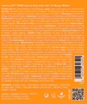Tył butelki essence JUICY BOMB tropical drop Mango Mellow body mist, widoczne etykiety i kod kreskowy.