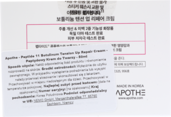 Etykieta kremu Apothe Peptide 11 Botulinum Tension Up Repair z polskim opisem, częściowo zakrywająca koreański tekst.