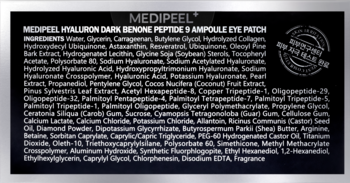 Tył czarnego opakowania Medi-Peel Hyaluron Dark Benone Peptide 9 Ampoule Eye Patch z listą składników.