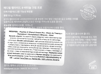 Tył opakowania Medi-Peel Peptide 9 Vitanol Dream Cream Pro. Biała etykieta z polskim opisem składników.