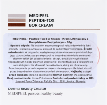 Informacyjna etykieta MEDIPEEL Peptide-Tox Bor Cream, z polskim opisem stosowania i ostrzeżeń.