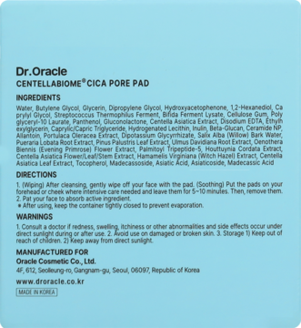 Tył opakowania Dr.Oracle Centella Biome Cica Pore Pad. Widoczna lista składników i opis produktu na jasnoniebieskim tle.
