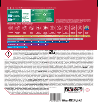 Tył opakowania kapsułek Somat Excellence 3w1 Lemon. Czerwono-biała szata graficzna z ikonami i tekstem informacyjnym.