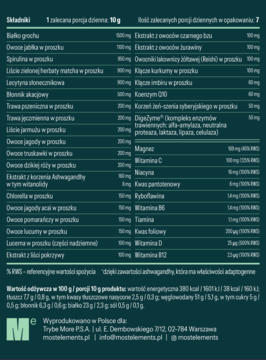 Tył opakowania MultiSuplementu, ciemnozielona etykieta z listą składników i wartościami odżywczymi.