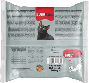 Tył szarego opakowania mokrej karmy dla kotów Buby Deluxe z wątróbką, czerwona etykieta, waga netto 400g.