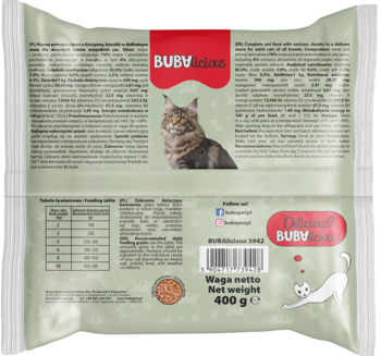 Tył opakowania karmy Bubalicious Daily dla kotów z dziczyzną, 400g, w sosie, z tabelą żywienia.