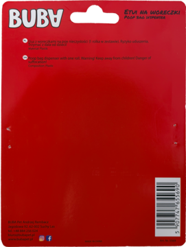 Tył czerwono-czarnego opakowania etui na woreczki BUBA z białym logo i instrukcjami, widoczny kod kreskowy.