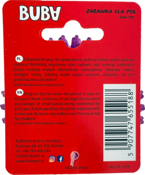Tył czerwonego opakowania piłki BUBA dla psa, z tekstem PL/EN, kodem kreskowym; widać fioletowe kolce.