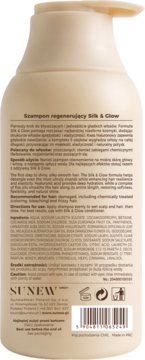 Tył beżowej butelki szamponu regeneracyjnego Sunew Silk & Glow z listą składników i kodem kreskowym.