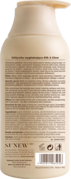 Beżowa butelka odżywki Silk & Glow z pompką, widok z tyłu, czytelna etykieta ze składem i opisem.