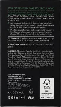 Tył ciemnej butelki ISANA MEN SPICE & WOOD Woda po Goleniu z białym tekstem, listą składników, info o 100ml i Vegan.