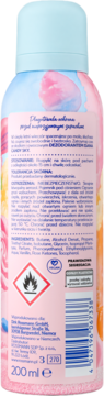Tył różowo-niebieskiego dezodorantu w sprayu 200 ml, Candy Sky, z ostrzeżeniami i składnikami.