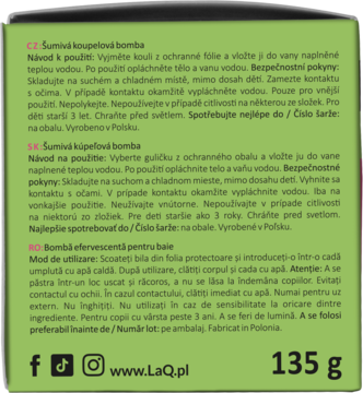 Tył zielonego opakowania kuli do kąpieli Kiwi & Winogrona LaQ, z białym tekstem instrukcji i wagą 135g.