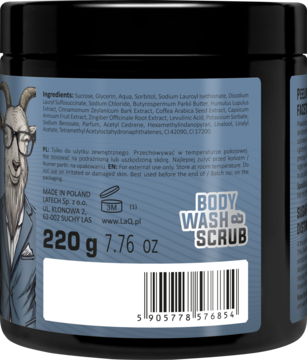 Tył czarnego słoika LaQ BODY WASH SCRUB z kozłem. Widoczne składniki, waga 220g i kod kreskowy.