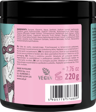 Tył opakowania różowego peelingu PIWONIA 220g z kotem superbohaterem i składem produktu.