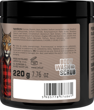 Tył czarnego słoika LaQ Ryszard z Bieszczad, cukrowy peeling myjący o męskim zapachu. Rys w kratę, 220g.