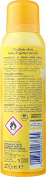 Tył żółtego dezodorantu w sprayu Isana Mango, 200 ml, z polskimi napisami i symbolem łatwopalności.