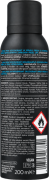 Tył czarnego dezodorantu w sprayu Loren Men Fresh Floriental 200ml, z etykietą i składnikami.