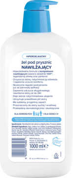 Tył białej butelki żelu Nivea Care Shower 1000 ml z pompką. Opis: hiperdelikatny, nawilżający, z oliwką i pantenolem.