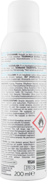 Tył białego dezodorantu w sprayu 200 ml, z widoczną listą składników, ostrzeżeniami i logo VEGAN.