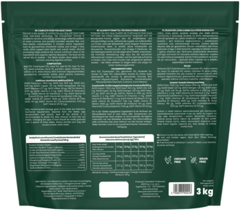 Tył ciemnozielonego opakowania karmy Pokusa Cold Pressed Adult Beef 3kg, z tabelą żywieniową.