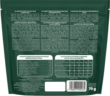 Tył ciemnozielonej torebki karmy Pokusa Cold Pressed Beef dla psa, z białymi tabelami składu, kodem i 70 g.