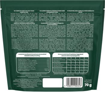 Tył zielonej saszetki karmy Pokusa Cold Pressed Adult Insect dla psa, z etykietami, danymi odżywczymi i kodem kreskowym.