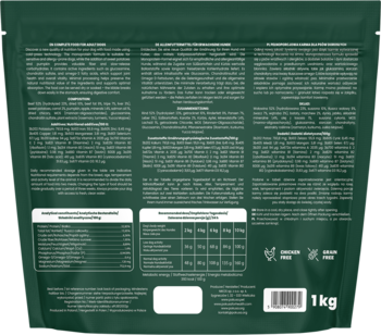 Tył zielonego opakowania karmy Pokusa Cold Pressed Adult Beef dla psa, z tabelami składu i dawkowania.