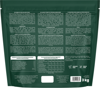 Tył opakowania karmy Pokusa for Health Cold Pressed Insect, 3KG, zielona torba z tabelami składu.
