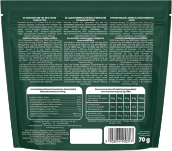 Zielone opakowanie karmy Pokusa Health Cold Pressed Adult Insect, tył z tabelą składu i kodem kreskowym.