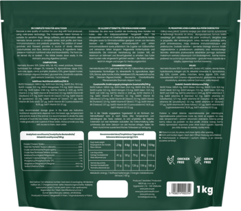 Tył zielonej torebki karmy Pokusa Cold Pressed Adult Insect dla małych ras, z czytelnymi tabelami składu i wartości odżywczych.