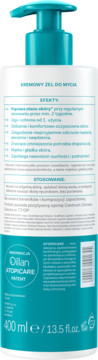 Tył butelki Oillan Atopicare, kremowego żelu do mycia dla skóry atopowej 400ml z pompką. Widoczne efekty i skład.