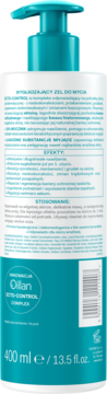 Tył białej butelki wygładzającego żelu Oillan Skin Control z turkusowym pompką, opis i kod.
