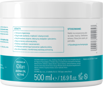 Tył Oillan Nawilżający dermo-krem, białe opakowanie 500 ml, z listą efektów i sposobem stosowania.