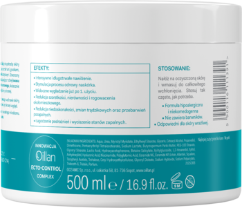 Tył opakowania wygładzającego balsamu Oillan Skin Control 500 ml, biały pojemnik z opisem efektów i stosowania.
