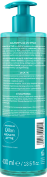 Tył butelki Oillan Olejkowy żel do mycia 400ml, turkusowy, dla skóry suchej, z widocznym składem i kodem.