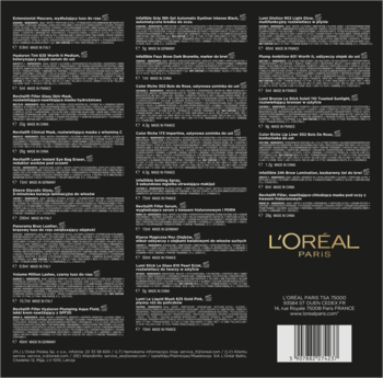 Tył czarnego kalendarza adwentowego L'Oréal Paris, z białymi listami produktów i złotym logo marki.