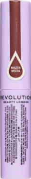 Tył opakowania cienia Revolution Cooling Shadow Stick w odcieniu Molten Mocha. Lawendowa tubka z brązowym paskiem, etykieta.