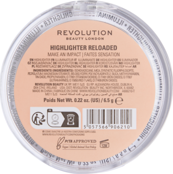 Tył okrągłego rozświetlacza Revolution Reloaded Highlighter Make An Impact, 6.5g, PETA Approved, widok z góry.